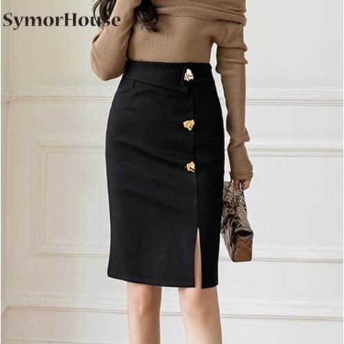 High Waist Black Split irregular Skirts Women Sexy Buttons Design Package Hip Skirt Female Streetwear Midi Skirts Plus Size 5XL