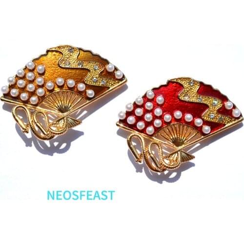Retro Chinese Fan Brooches for Women Rhinestone Enameled Pin Gold Color Lady Holiday Gifts Pearl Accessories Classic Jewelry