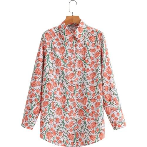 Summer T-Shirt Women 2021 New Print Floral Color Loose Long Sleeve Turn-down Collar Casual Autumn Chic Female Blouse Tees C2828