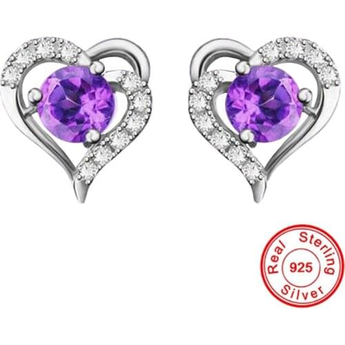 Natural Amethyst Gemstone Earring Silver Color 925 Jewelry Earring For Women Heart AAA Zircon 925 Sterling Silver Earrings Gifts