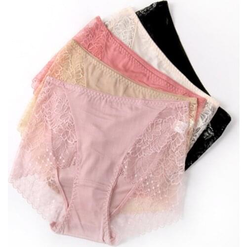 Womens Silk Panties Female Underwear Womens Mulberry Silk Lace Edge Sexy and Comfortable Hip-wrapped Seamless Mid-waist Briefs