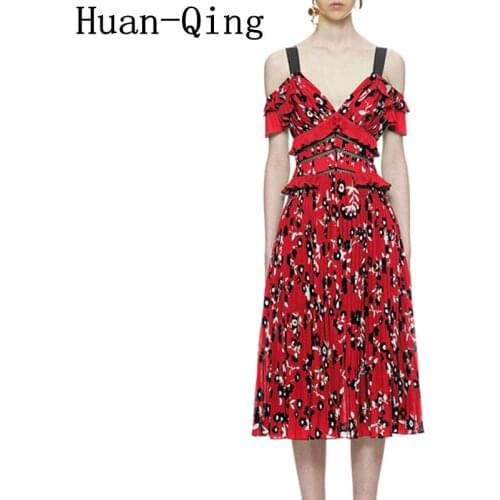 Runway Women Red Sexy V-Neck Ruffles Backless Spaghetti Strap Dress Summer Lady Off Shoulder Print Pleated Party Holiday Dresses