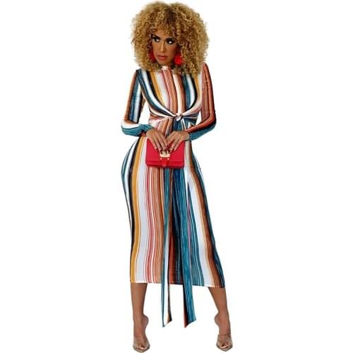 Echoine women sexy maxi dress elegant Striped slim straps long sleeve dresses female bandage sexy party plus size streetwear 5XL
