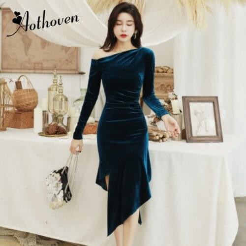 Winter Party Office Asymmetrical Dresses Women Long Sleeve One-Shoulder Bodycon Vintage Vestidos Velvet Dresses Sheath Dress