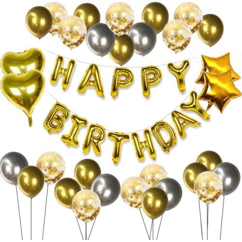 Golden Silver Happy Birthday Decorations Set - with Happy Birthday Balloons Banner, Star Foil Balloons, Heart Foil Balloons, Lat