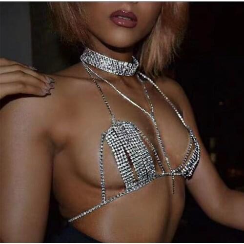 2021 Full Rhinestone Hollow Sexy Body Chain Bikini Bra and Thong for Women Luxury Crystal Bracelet Thong Panties Underwear Set