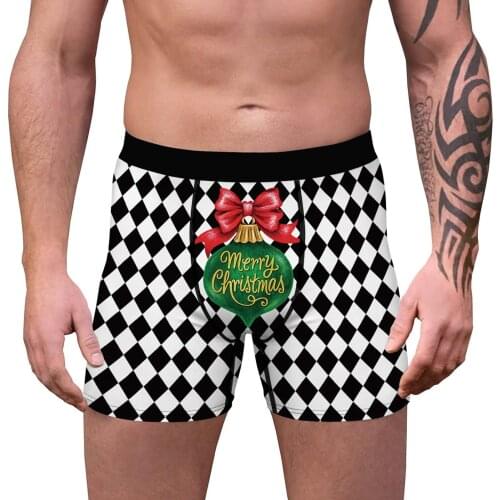 Sexy Mens Plaid Print Bowknot Boxer Brief Christmas Lingerie Underwear Breathable Mid Waist Underpants Elastic Waistband Shorts