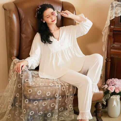 Cotton pajamas two-piece suit womens long-sleeve loose plus size palace style robe home service sweet bathrobe pigiama donna