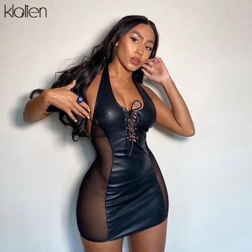 KLALIEN Fashion Sexy Low Chest V Neck Bandage Halter Mini Bodycon Dress Summer Mesh PU Leather Patchwork Party Club Dress