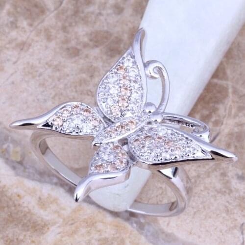 Classy Champagne Morganite Silver Plated Womens Butterfly Jewelry Ring Size 6 / 7 / 8 / 9 R1258