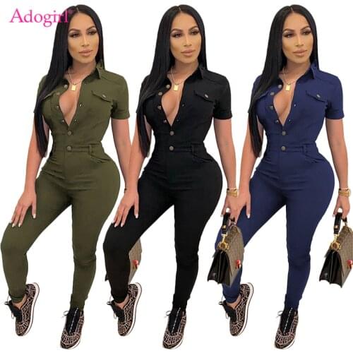 Adogirl Women Solid Overalls Turn Down Collar Short Sleeve Single Breasted Pockets Slim Jumpsuit Casual One Piece Pants Romper