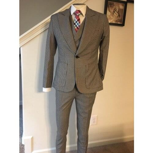 High Quality 3 Piece Suit 2019 Business Party Suit Peak Lapel Houndstooth Groom Wedding Men Suit Blazer Slim Fit Best Man Tuxedo