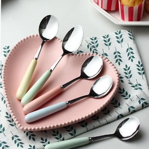 Candy color ceramic stainless steel spoon creative simple stainless steel spoon pure color household ceramic spoon
