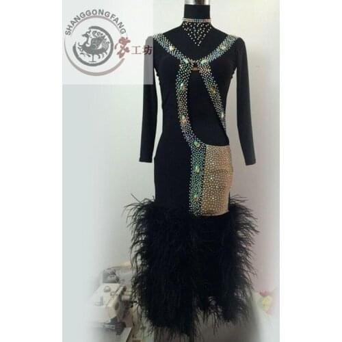 New Latin dance costumes senior sexy long sleeves feather latin dance dresses for women latin dance competition dresses S-4XL