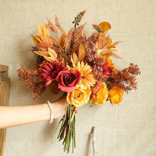 Autumn Color Simulation Hydrangea Bouquet Silk Flower for Home Decoration Office Artificial Flower Roses Bouquet Wedding Wreath