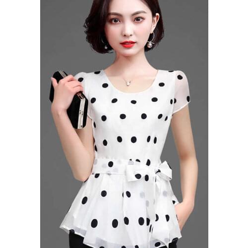 Polka Dot Printed Chiffon Blouses Shirts Women Casual Summer Style Lady O-Neck Short Sleeve Blusas Tops