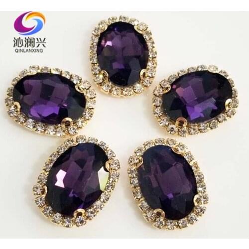 Deep purple oval shape top quality Glass Crystal buckle,golden base sew on rhinestones,Diy/Clothing/wedding decoration SWTKG17