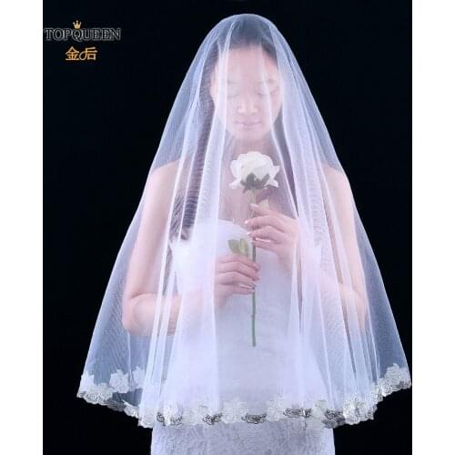 TOPQUEEN V55 Best Selling Real Photos Wedding Veil with Appliqued Flower-Leaf Edge White Ivory Birde Tulle Accessories for Bride