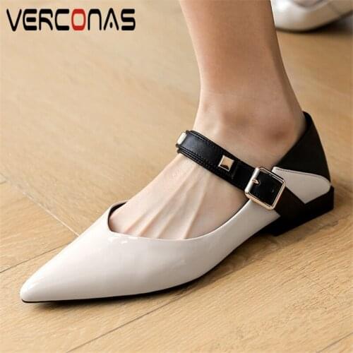 COVIBESCO Working Casual Women Pumps Low Heels Genuine Leather 2021 Spring Summer Rivets Pointed Toe Buckle Loafers Shoes Woman