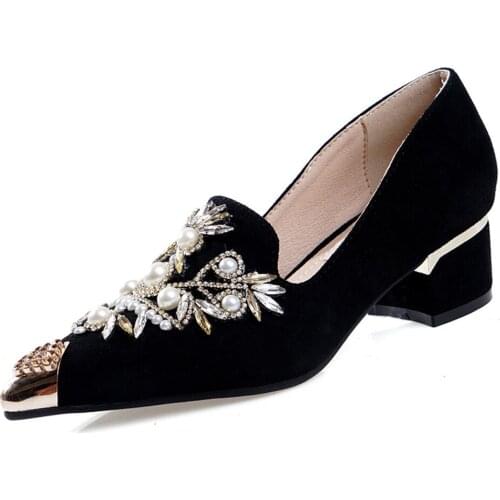 OLOMLB Womens Pointy Metal Toe Mules Rhinestones Crystal Beads Loafers Block Heel Shoes Pumps Pearls 2Colors Luxury Sexy