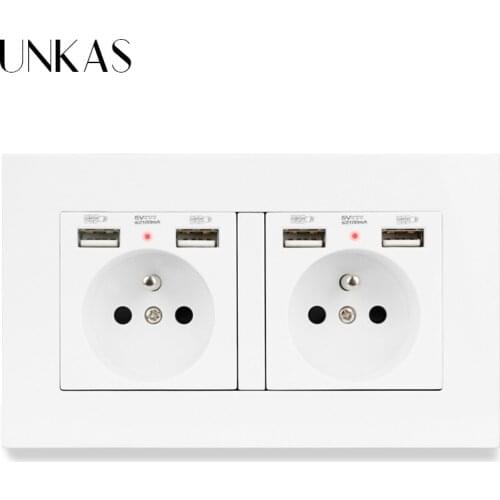 UNKAS 2 Gang French Standard PC Plastic Panel Wall Socket with Charge Port Hidden Soft LED Indicator
