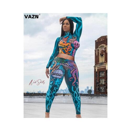 VAZN Hot Fashion 2020 O-neck Full Sleeve Full Pant Colorful Print 2 Piece Set Tracksuit Casual Female Street Wind Sets