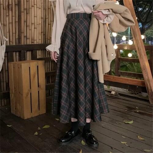 Vintage Plaid Japanese Harajuku Pleated Skirtautumn Winter Women High Waist Female Saias Korean Streetwear Elegant Long Skirts