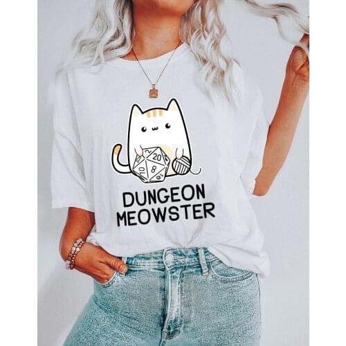 Women Shirt DUNGEON MEOWSTER Shirt Cute Cat Wirh Dice shirts Harajuku kawaii style tees Summer Trendy casual aesthetic art tops