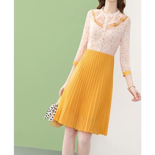 Office ladies work dress women spring summer plaid pleated lace chiffon dress female elegant heart print knee-length midi dress