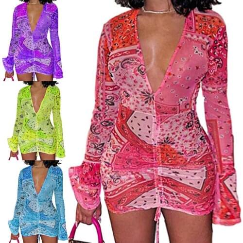 Summer Plus Size Women Dress Boho Deep V-neck Floral Print Drawstring Mini Dresses Ladies Sexy Loose Beach Shirt Dress Vestido