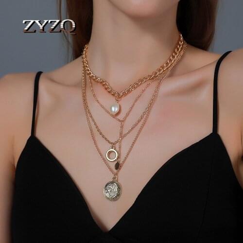 ZYZQ Harajuku Style Multi-Layer Metal Thick Chain Pendant Necklace For Women Personality Moon Imitation Pearl Clavicle Chain