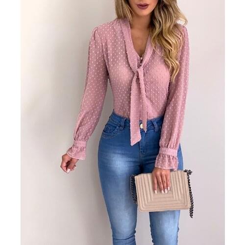 Elegant Women Blouses Chiffon OL Long Sleeve V-Neck Shirt Office Blouse Slim Casual Female Polka Dot Shirts Fashion Top 2021 New