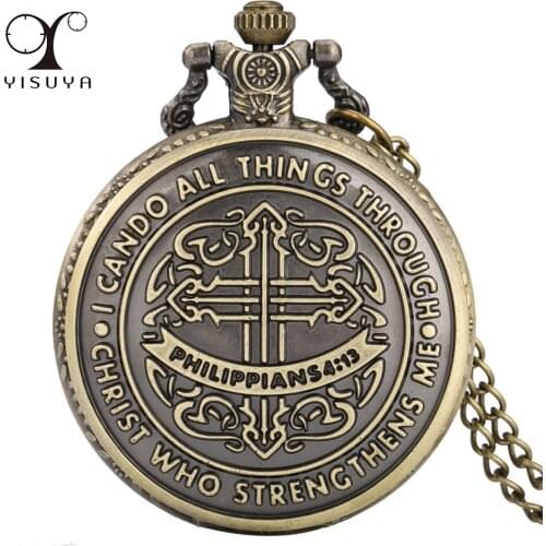 Bronze I Can Do All Things Through Philippians 4:13 Quartz Necklace Pocket Watch Retro Exquisite Pendant Clock Gifts Men Women
