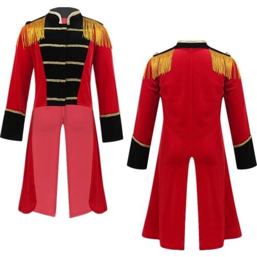 Kids Halloween Carnival Jacket Stand Collar Fringes Gold Trimmings Tailcoat Jacket Boys Roleplay Party Ringmaster Circus Costume