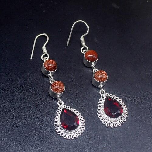 Hermosa Fashion Red Garnet Sun Sitara Silver Color Jewelry Gifts Dangle Drop Earrings for Women Girls 2 5/8 Inch FQ268