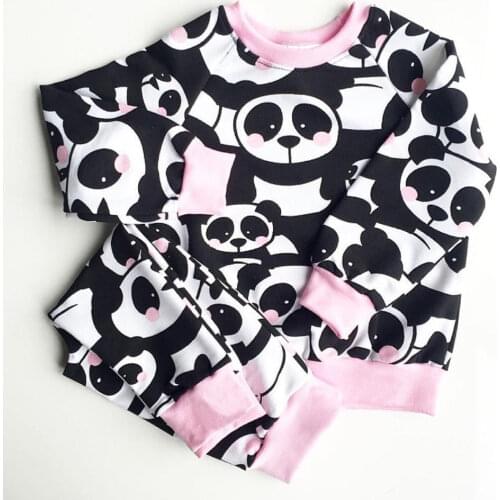 Infant Baby Clothes Sets Panelled Cartoon Panda Print Tops+Pink Cuff Pants 2pcs Bebe Kids Clothing Suits