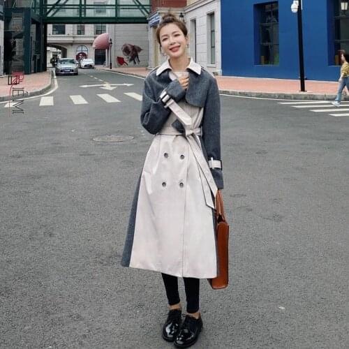 LANMREM 2021 New Double Breasted Long Woolen Windbreaker Belt Coat Autumn And Winter Females Warm Stitching Trench 2T1386