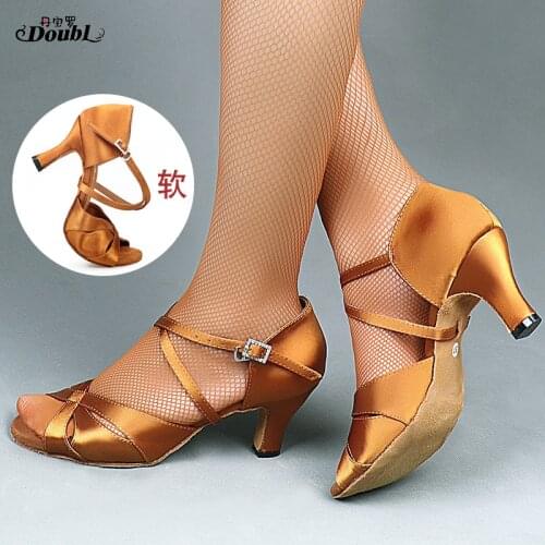 Latin Ballroom Sandals Dance Shoes Heel 6cm 7.5cm Satin Soft Sole Salsa Woman Girls Ladies Popular Classical Skin Professional