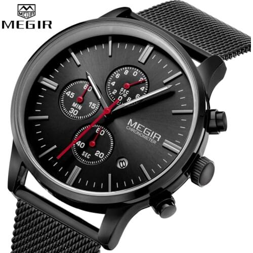 MEGIR Mens Watches Stopwatch Date Slim Quartz Watch Men Stainless Steel Mesh Band Chronograph Waterproof Wrist Watch Male Clock
