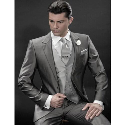 Custom Made Groomsmen Notch Lapel Groom Tuxedos Grey Men Suits Wedding Best Man Blazer (Jacket+Pants+Tie+Vest) B974