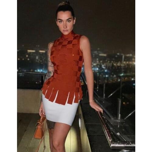 Top Quality Brown White Two Pieces Set Sleeveless Rayon Bandage Dress Cocktail Party Dress Vestidos
