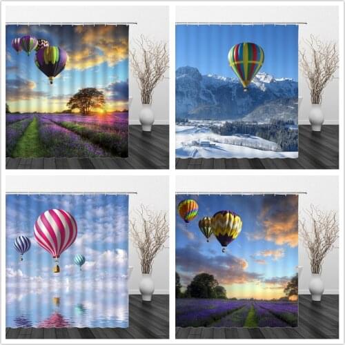 Hot Air Balloon Shower Curtains 3D Print Lavender Flowers Natural Landscape Bathroom Home Decor Polyester Cloth Curtain Set