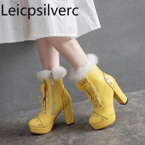 Womens Boots The New Autumn And Winter butterfly Knot zipper plush High heel Short tube Womens shoes plus size 34-48 11cm high