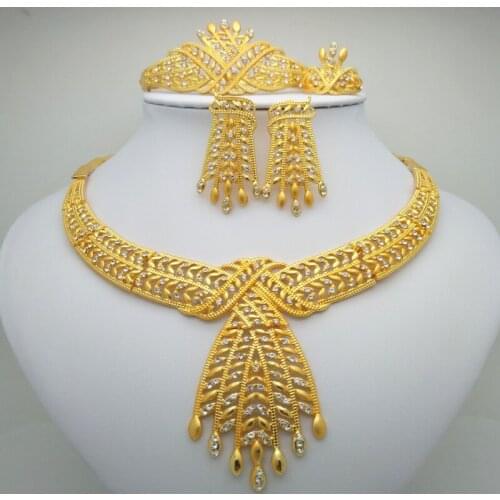 Kingdom Ma Dubai Gold Color Jewelry Sets for Women Fashion Crystal Necklace Bangle Earrings Ring Wedding Bridal Jewelry Sets