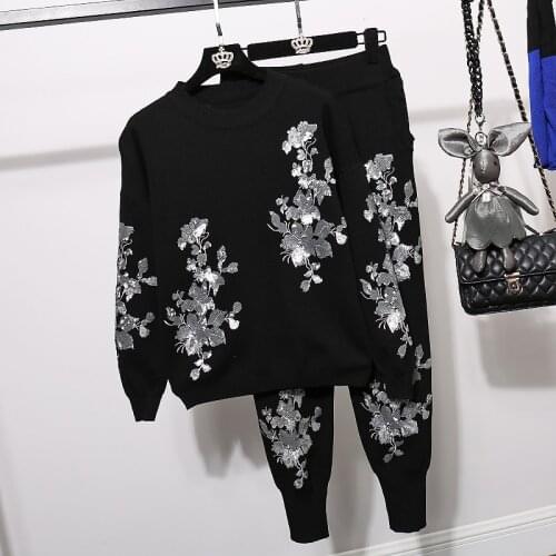 Autumn Tops Women Outfits Winter Fashion Gold Leaf Pan Flower Embroidery Pullover Sweater + Harem Pants Two Piece Set Tide H1586