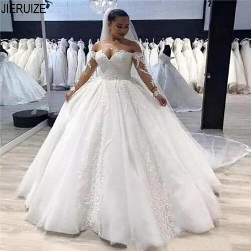 JIERUIZE Ball Gown Wedding Dresses Off Shoulder Long Sleeves Appliques Lace UP Back Wedding Gowns robe de mariee Plus Size