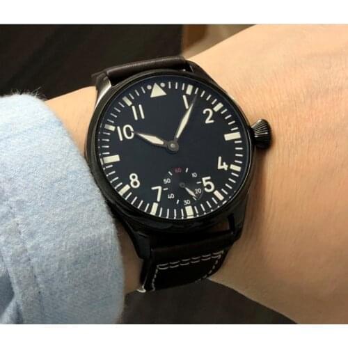 Sapphire crystal or Mineral glass 44mm black dial Asian 6498 17 jewels movement PVD case luminous Mechanical watches GR85-20