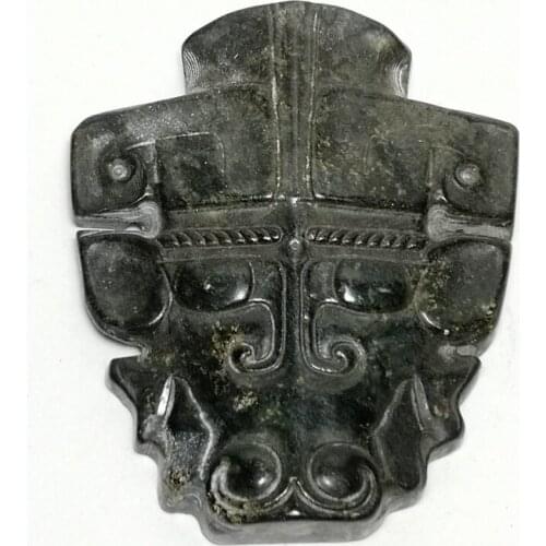 YIZHU CULTUER ART Collection China Black Magnet Jade Hand Carving Hongshan Culture ox-head Pendant
