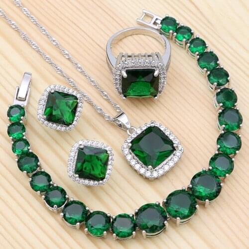 925 Sterling Silver Jewelry Sets Green And White Cubic Zirconia For Women Stud Earring/Pendant/Necklace/Bracelet/Ring Silver Kit