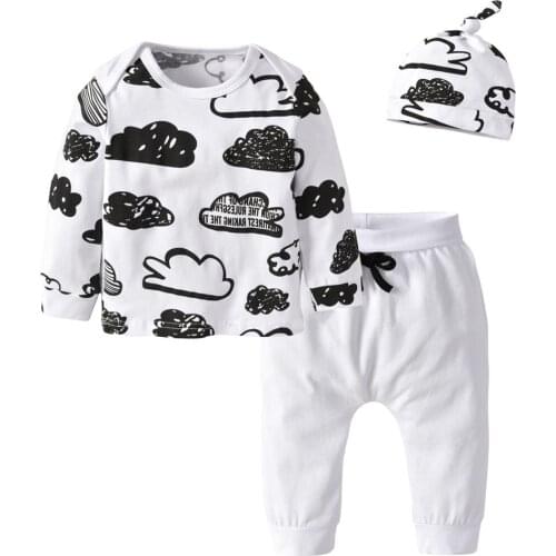 Newborn Baby Boys Girls Clothes Set Long Sleeve Cloud Printed Soft Cotton Tops+Solid Color Pants+Hat 3PCS Baby Toddler Clothing
